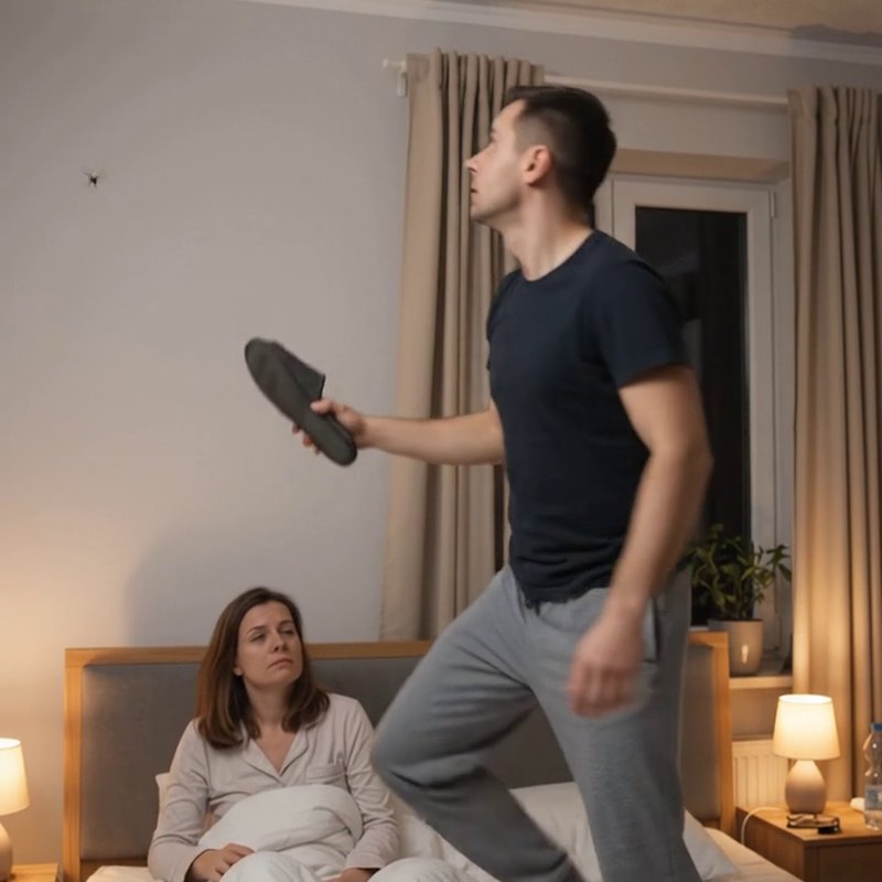 Mąż poluje na komara w nocy